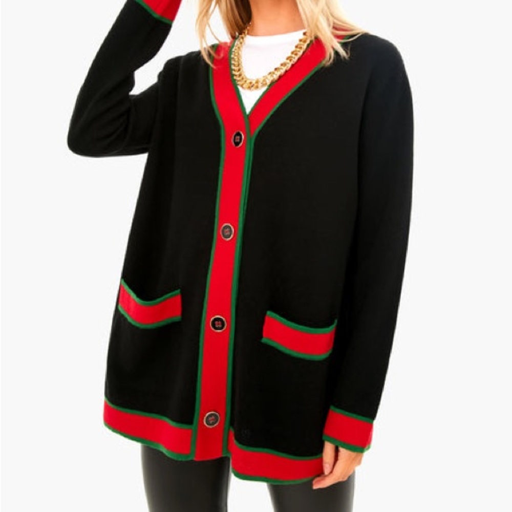 Tuckernuck Black Cardigan with Red and Green Trim